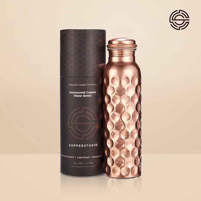 Honeycomb Copper Water Bottle- 1 litre/34 oz, Pure Copper bottle with Leak Proof cap, Honeycomb finish, Lacquer coated, Health Benefits/Yoga Bottle