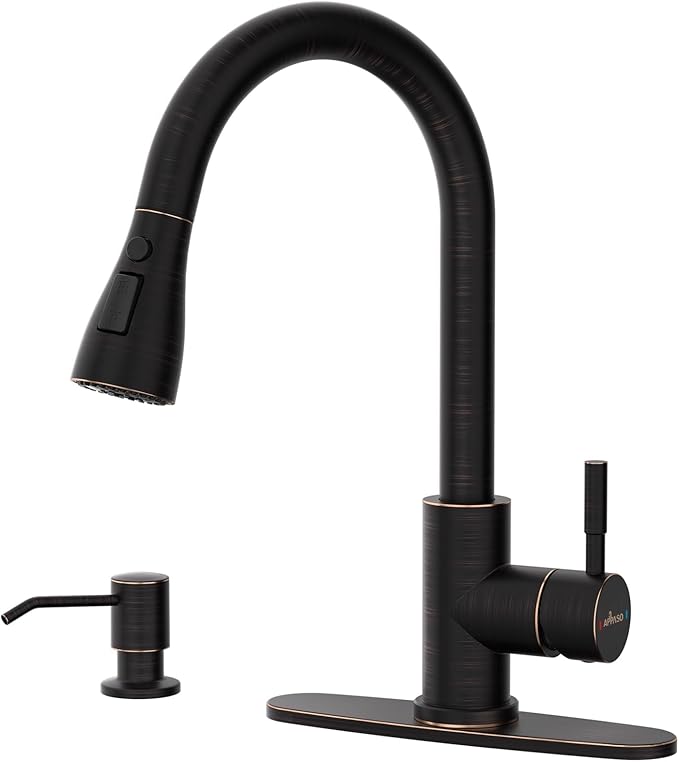 APPASO Oil Rubbed Bronze Kitchen Faucet, S304 Stainless Steel Kitchen Faucets with Soap Dispenser and Pull Down Sprayer 3 Modes, High Arch Single Handle Sink Faucet Bronze