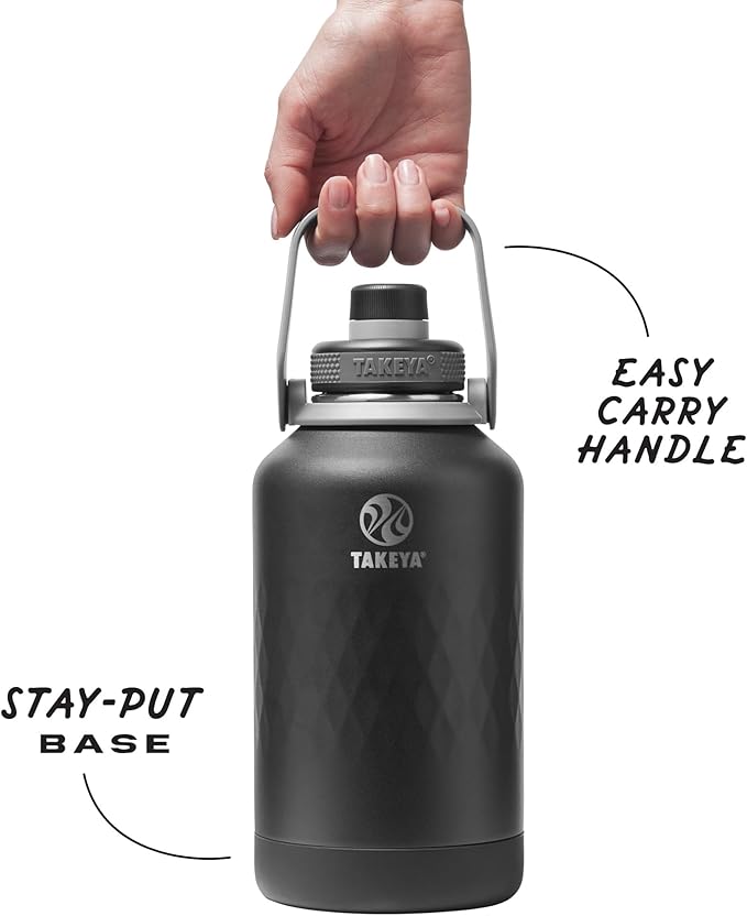 Takeya Sport 64 oz Triple-Insulated Stainless Steel Water Bottle, Spout Lid – Leakproof, Sweatproof, BPA-Free, Keeps Drinks Cold 36 Hrs, Hot 14 Hrs – Obsidian