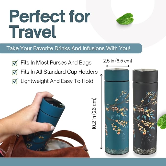 Farasi Tea Infuser for Loose Leaf Tea Smart Water Bottle with Fahrenheit Temperature Display, Stainless Steel Insulated Coffee and Fruit Tea Infuser Bottle - Floral Travel Tea Mugs 15 oz (Black)