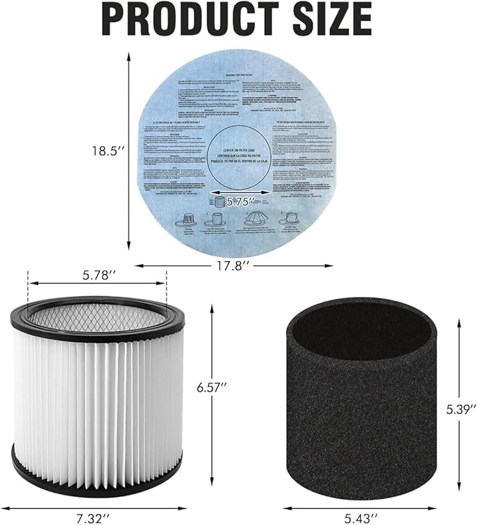 12 PCS Cartridge Filter 90304 Compatible with Shop Vac 90350 90333 5 Gallon and above，with 90585 Foam Filter, 90107 Filter，10-14 Gallon Vacuum Bags,Retaining Bands - AquaVibe