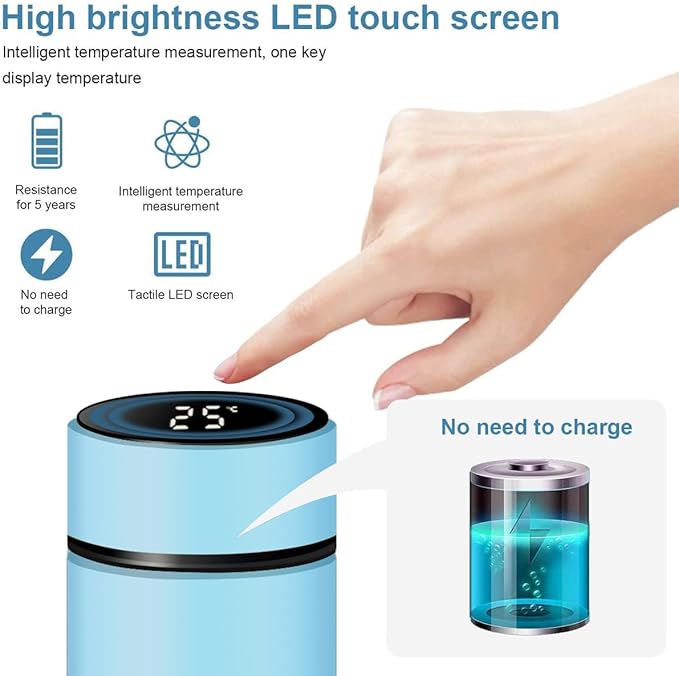 Smart Water Bottle Stainless Steel Vacuum Flask,Travel Mug with Smart LCD Touch Screen, Keep Hot Or Cold, Car Portable Travel Tea Coffee Vacuum Thermo Cup,Insulated Water Bottle (Light Blue)