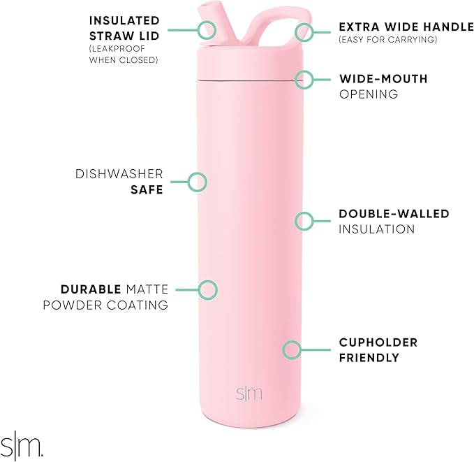 Simple Modern Water Bottle with Straw lid | Insulated Stainless Steel Thermos | Reusable Travel Water Bottles for Gym & Sports | Leak Proof & BPA Free | 24oz, Blush