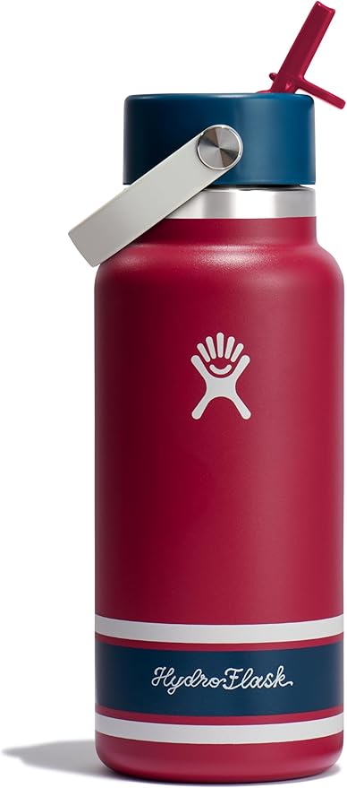 Hydro Flask Water Bottle - Insulated Stainless Steel - Wide Mouth Flex Straw Lid, Non Spill, Leakproof and Refillable in 32 Oz Campus Red