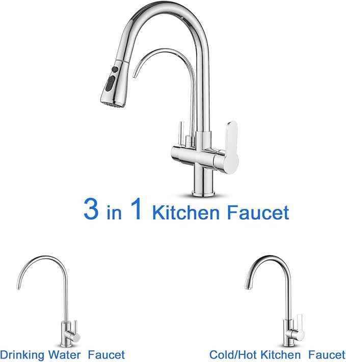 POPFLY Kitchen Faucet with Drinking Water Faucet, 3 in 1 Water Purifier Faucet, 2 Handle, 3-Function Pull Down Sprayer, Brass Body, Chrome