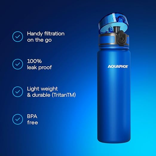 AQUAPHOR City Filtered Water Bottle in Tritan BPA-free - Portable with Integrated Water Purifying Filter 500 ml - Blue