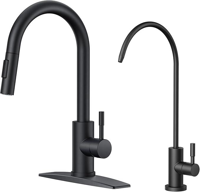 FORIOUS Kitchen Faucet and Water Filter Faucet Combo, Stainless Steel Traditional Sink Faucet with Drinking Water Faucet Fits Reverse Osmosis, Water Filtration System and Pot Filler, Matte Black