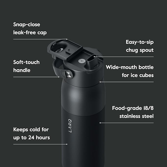 LARQ Bottle Swig Top 23oz - Insulated Stainless Steel Water Bottle With Built-In Silicone Handle | BPA Free | Reusable Water Bottle for Sports, Gym, and Travel, Obsidian Black