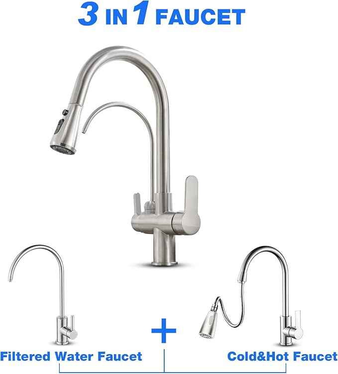 POPFLY Kitchen Faucet with Drinking Water Faucet, 3 in 1 Water Filter Purifier Faucet 2 Handles with Pull Down Sprayer, Brushed Nickel