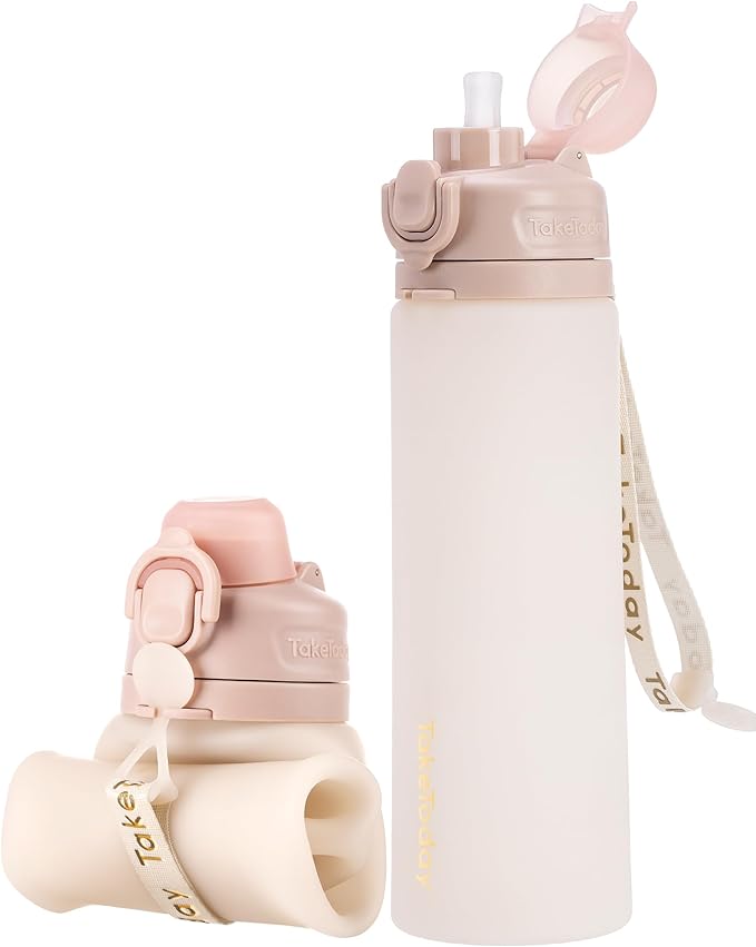 TakeToday Collapsible Water Bottles 20oz (600mL), Foldable Platinum Silicone Travel Water Bottle with Straw & Carry Strap, Leak-Resistant Screw Lid, Wide Mouth, BPA-Free for Hiking, Camping, Travel