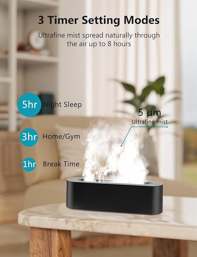Flame Air Diffuser, Humidifier, Essential Oil Diffuser - 7 Colors, 180mL Capacity (8 Hours), Noiseless Operation, Auto-Off Protection - Perfect for Home Bedroom Office Gifts(Black)