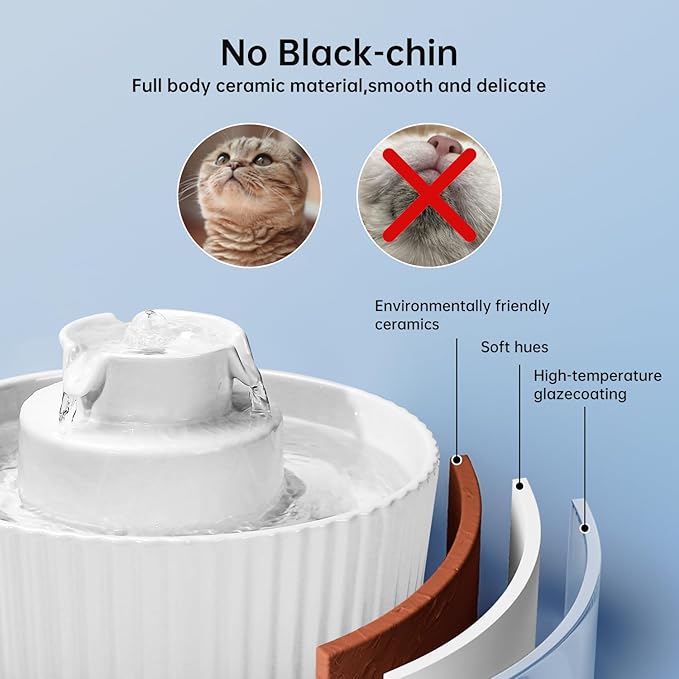 Ceramic Cat Water Fountain, 2.1L/70oz Ceramic Pet Water Fountain Automatic Cat Drinking Fountains Pet Water Bowl, Porcelain Cat Water Dispenser with Ultra-Quiet Pump for Cats and Dogs (White)
