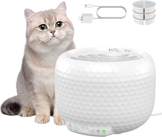 Cat Water Fountain, 62oz/1.8L Pet Water Fountain with Ultra Quiet Pump, Small Cat Fountain with Two Flow Modes, Includes 3 Filters (White, ABS)
