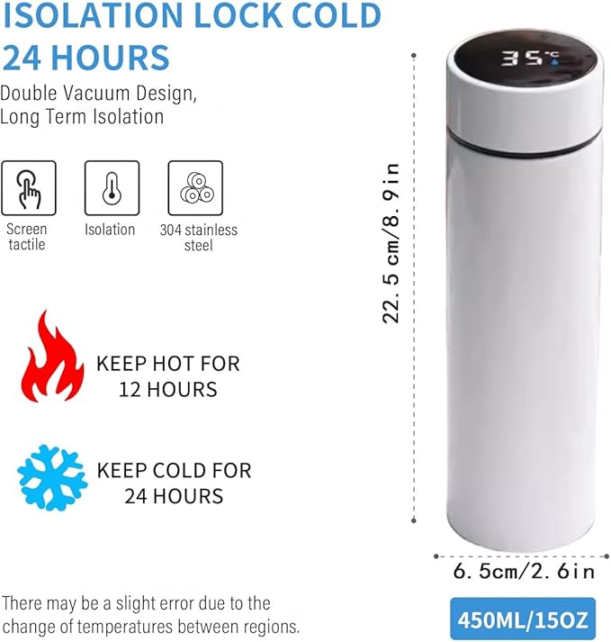Smart Water Bottle Stainless Steel Vacuum Flask,Travel Mug with Smart LCD Touch Screen, Keep Hot Or Cold, Car Portable Travel Tea Coffee Vacuum Thermo Cup,Insulated Water Bottle