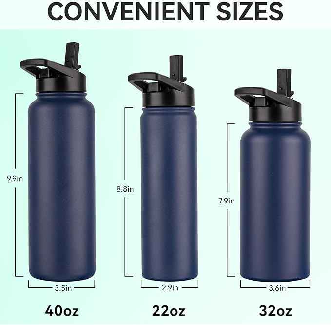 DOMICARE 32 oz Insulated Water Bottle, Vacuum Insulated Stainless Steel Sports Water Bottle with Straw Lid & Spout Lid, Leakproof, Reusable - Travel, Camping, Bike, Navy Blue