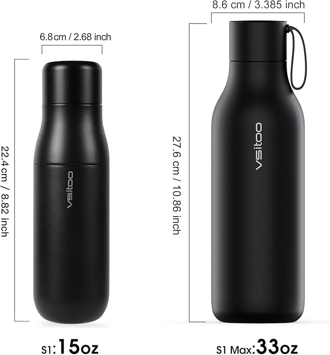 Vsitoo Self Cleaning Water Bottle - 15oz Stainless Steel, AI Self-Clean, 30-Day Battery, Magnetic Charging, BPA-Free for Travel/Gym/Office, No App Needed