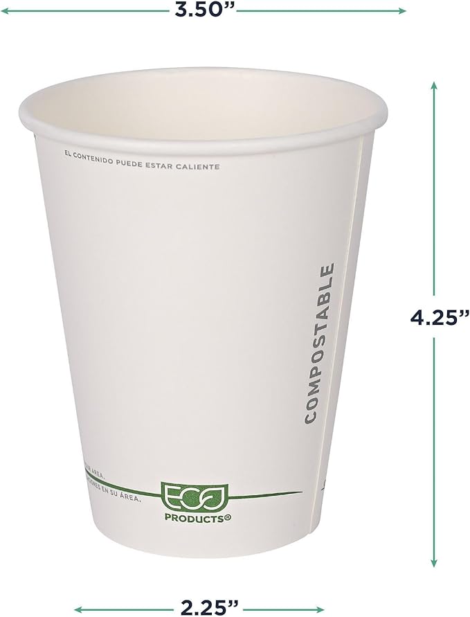 ECO PRODUCTS Compostable Disposable GreenStripe 12oz Coffee Cups, Case of 1000, White Single Wall Hot Paper Cup, Plant Based PLA Lining, Biodegradable