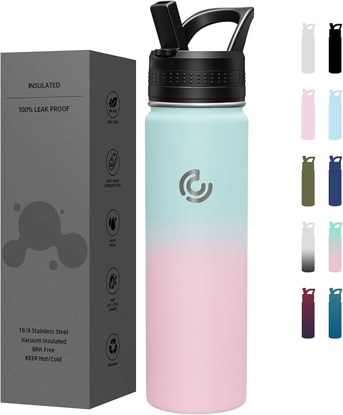 COKTIK 22oz Sports Water Bottle, Stainless Steel Water Bottle for Insulated, Reusable Travel Bottle, With Straw, With Handle Grip for Easy Carrying, Suitable for Cycling, Outdoor Vacations(Bubble Gum)