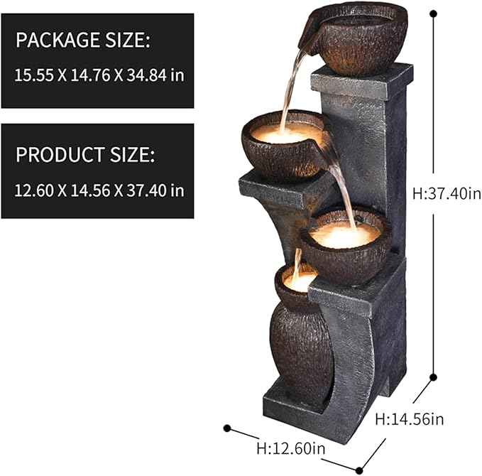 Supmix Outdoor Garden Water Fountain for Garden Patio Backyard Deck Porch and Home Art Decor 4 Tiers Modern Cascading Outdoor Fountains with Lights 37.4”H