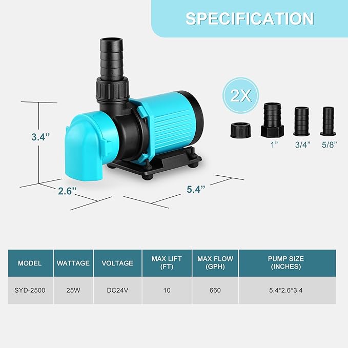 660GPH Aquarium Return pump with LCD display controller, DC 24V 25W aquarium pump for saltwater freshwater aquarium,fish tank,sump,20 speeds ECO Quiet Submersible and inline pump - AquaVibe