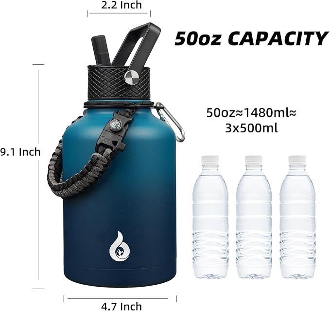 BJPKPK Insulated Water Bottles with Straw Lid, 50oz Large Water Bottle with 3 Lids and Paracord Strap, Stainless Steel Metal Water Bottle, Insulated Water Jug,Vast