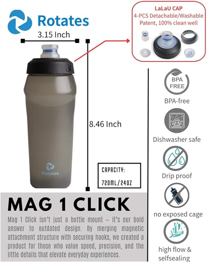 Rotates Cycling Magnetic Water Bottle with Bike Mount, 24oz 720ml, Leak-Proof, Washable Removable Push-Pull Cap, Cage-Free, Silicone Valve Strong Flow, Perfect for Outdoors, Cycling, MTB & Sports