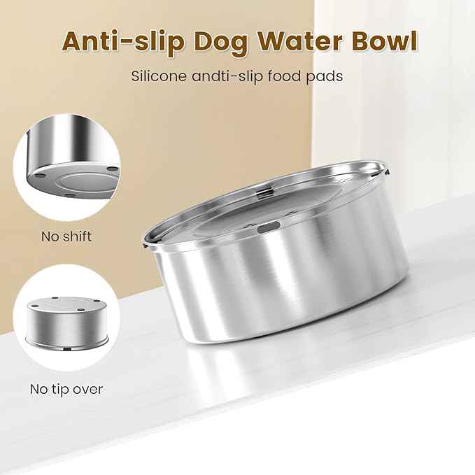 Dog Water Bowl 3L/101oz Stainless Steel No Spill Water Bowl for Dogs Spill Proof Slow Drinking Dog Water Feeder with Anti-Slip for Medium to Large Messy Drinkers
