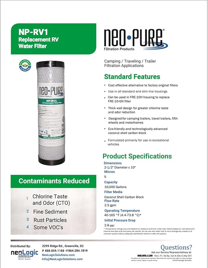 Neo-Pure NP-RV1 5 Micron Replacement RV Water Filter Cartridge for Slimline and Standard Style Housings – Reduces Sediment, Dirt, and Rust – Single Pack