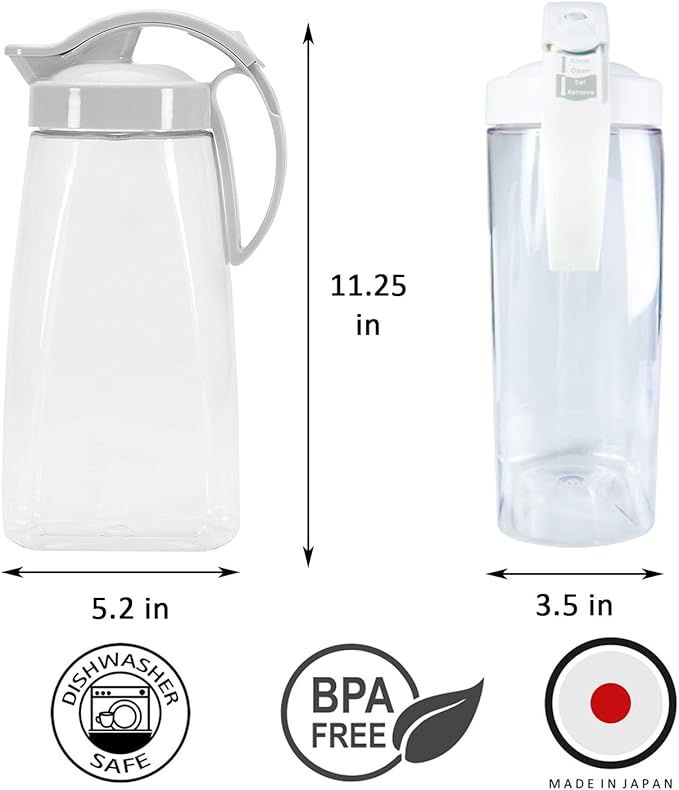 One-Touch Airtight Water Pitcher with Quickpour Lid, 2.3QT (74oz) – Heat Resistant, Leakproof Jug for Hot & Cold Drinks, Coffee, Tea and More, Space-Saving, Dishwasher Safe, Made in Japan (Pink)