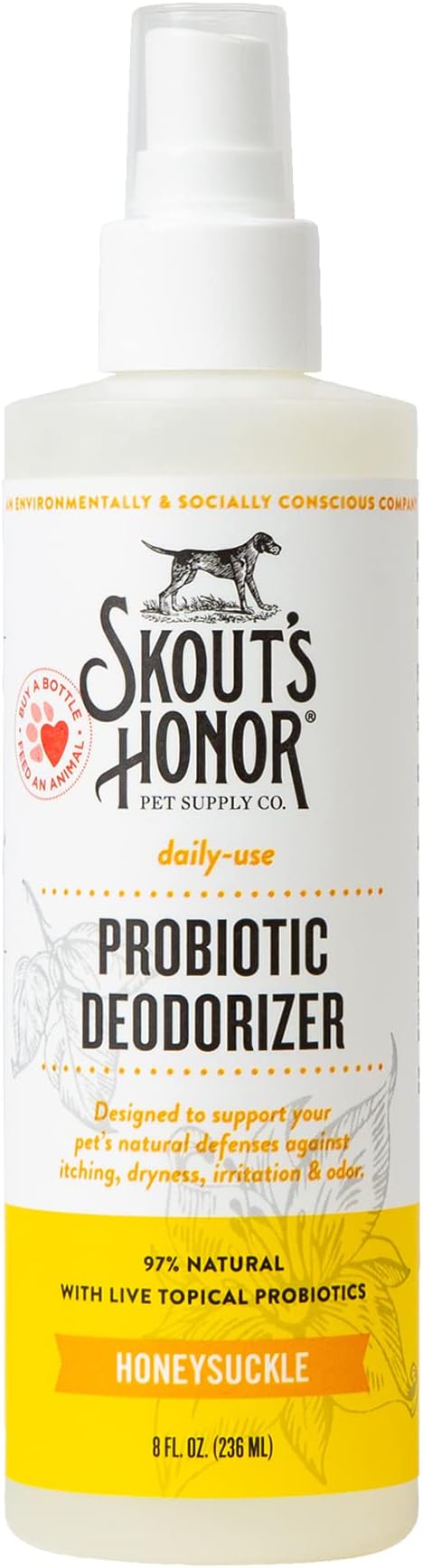 Skout's Honor Probiotic Pet Deodorizer Spray- Hydrating Daily-Use with Avocado Oil & Omega-3s, Microbiome Friendly Certiified, Paraben & Sulfate-Free, 97% Natural, 8oz, Honeysuckle - AquaVibe