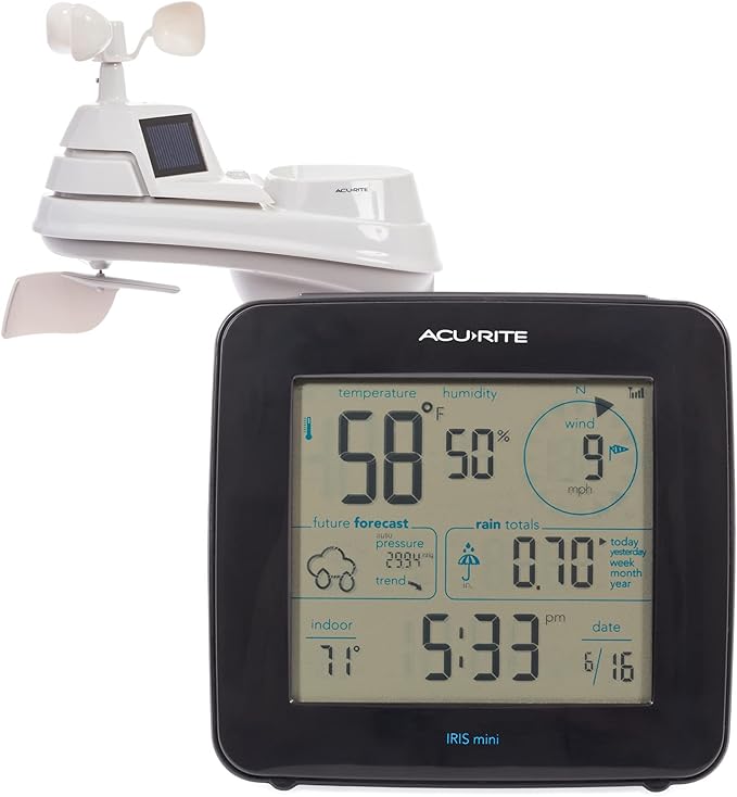AcuRite Iris® Weather Station with Mini Wireless Display for Temperature, Humidity, Wind Speed, Wind Direction, Historic Rainfall Totals, and Hyperlocal Forecast with Built-in Barometer (01122M)