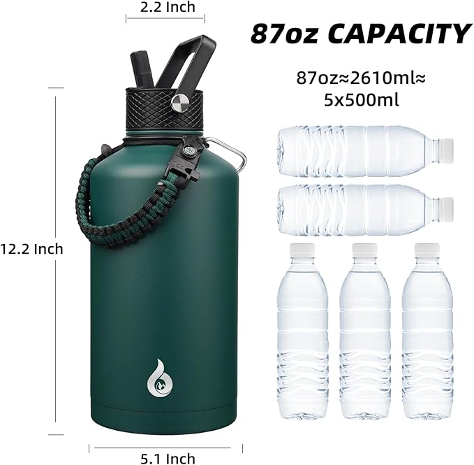 BJPKPK 2/3 Gallon Water Bottle with Straw Lid, 87oz Large, Stainless Steel Water Bottles with 3 Lids and Paracord Strap, Double Wall Vacuum Metal Water Jug, Army Green