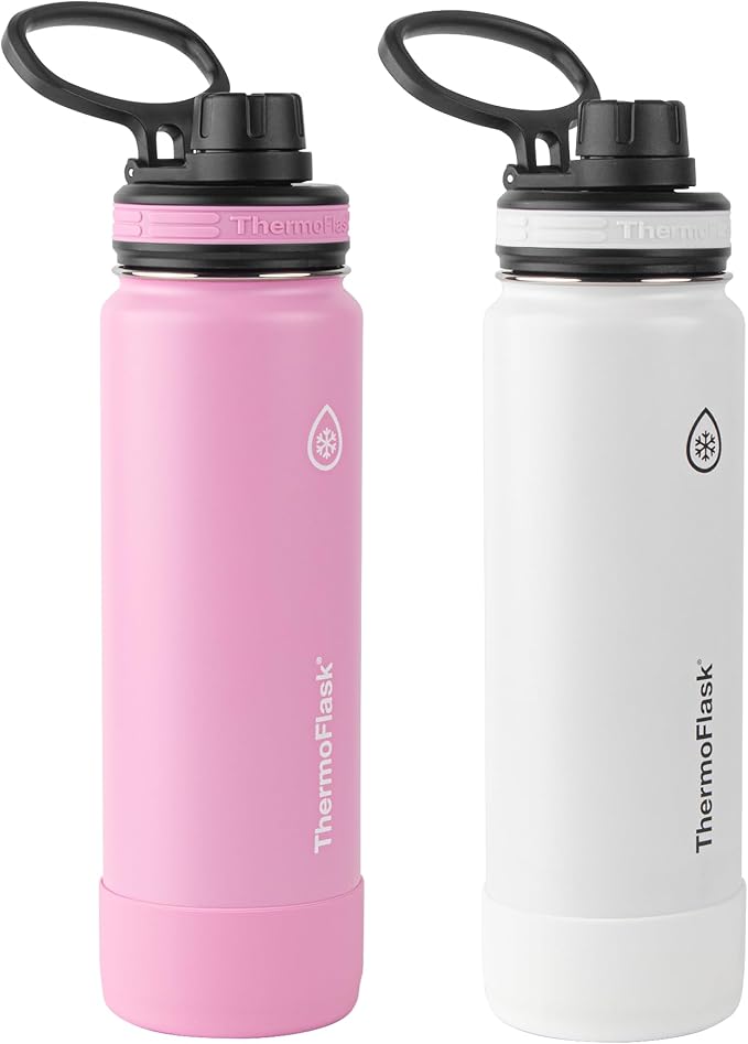 ThermoFlask Stainless Steel Water Bottles 2-Pack - Double-Wall Vacuum Insulated 24 oz BPA-Free Spout Lids - Keeps Drinks Cold 24 Hrs, Hot 12 Hrs - Leakproof, Dishwasher Safe, Strawberry/Arctic White