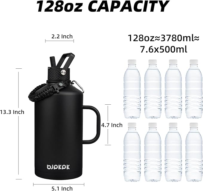BJPKPK 1 Gallon Water Bottle Insulated with Straw Lid, 128oz Large, Stainless Steel Water Bottles with 3 Lids and Paracord Strap, Double Wall Vacuum Metal Water Jug,Black