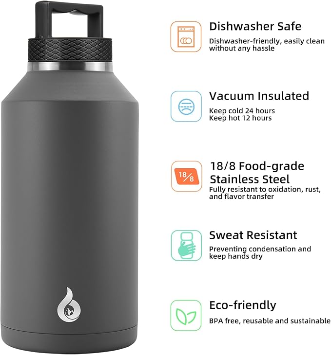 BJPKPK Half Gallon Water Bottle Insulated, Dishwasher Safe 64 oz Water Bottle with Handle, Leakproof BPA Free Thermal Flasks, Large Stainless Steel Jug for Sports, Grey