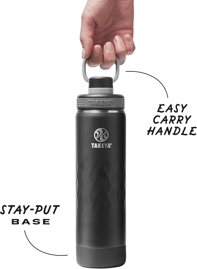 Takeya Sport 22 oz Triple-Insulated Stainless Steel Water Bottle, Spout Lid – Leakproof, Sweatproof, BPA-Free, Keeps Drinks Cold 36 Hrs, Hot 14 Hrs – Obsidian