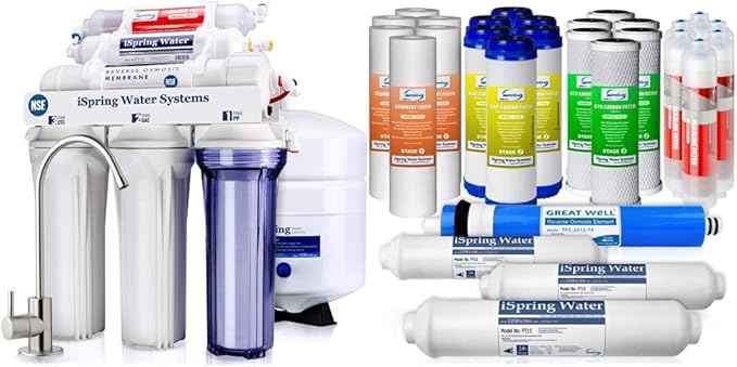 iSpring RCC7AK Under Sink Reverse Osmosis Drinking Water Filter System, White & F28K75 3-Year Replacement Supply Set for 6-Stage Reverse Osmosis RO Water Filtration Systems, 28 Piece, White