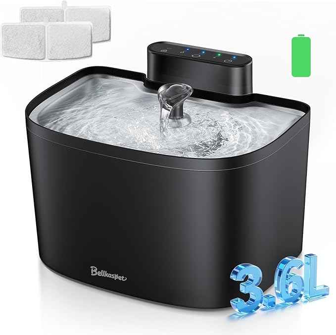 Cat Water Fountain, 122oz/3.6L Pumpless Wireless Cat Fountain, Cordless Water Fountains for Cats Indoor, Dog Pet Water Fountain Battery Operated with Stainless Steel Tray (Black, Fountain+2 Fliters)