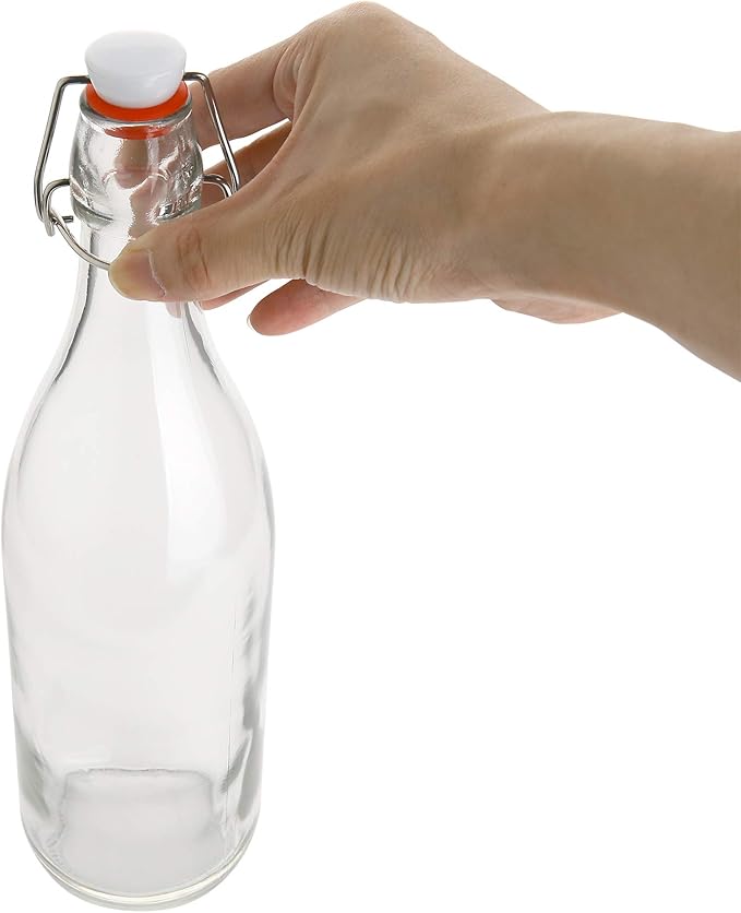 AYL Flip Top Glass Bottle [1 Liter / 33 fl. oz.] [Pack of 4] – Swing Brewing Bottle with Stopper for Beverages, Oil, Vinegar, Kombucha, Water, Soda, Kefir – Airtight Lid & Leak Proof Cap – Clear