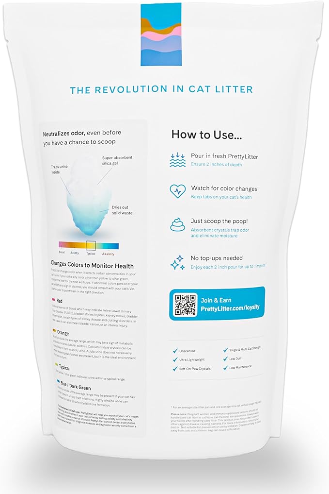 PrettyLitter Health Monitoring Cat Litter (Unscented, Non Clumping) | Lightweight & Low Tracking, Color Changing Silica Gel Crystals, Advanced Odor Control — 6 Lbs, Pack of 1 (One Month Supply) - AquaVibe