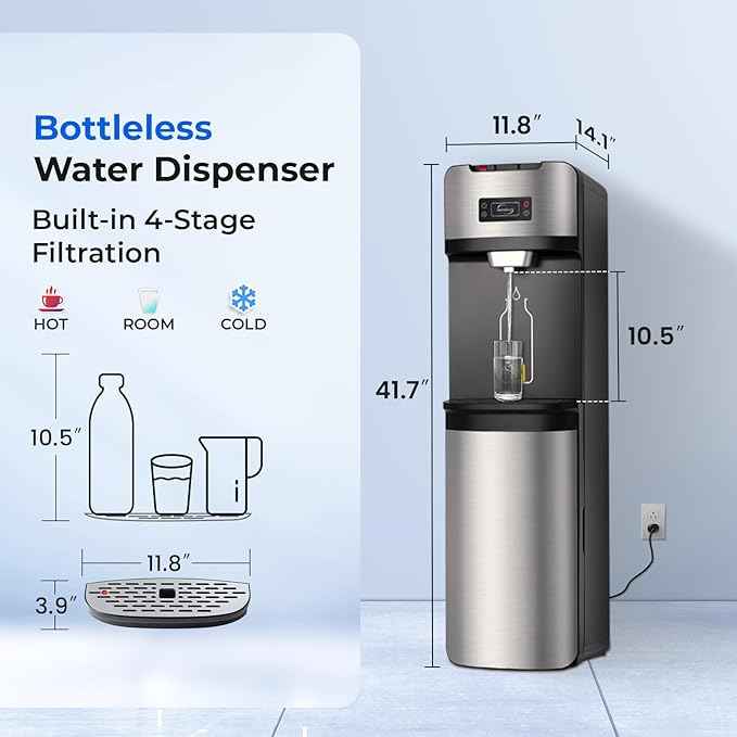 iSpring Bottleless Water Dispenser with Built-in 4-Stage Filtration, Chloramine Removal, Water Cooler Dispenser - Hot, Cold, Room Temp, Self Cleaning, Stainless Steel, Silver, Model: DS4S-NC