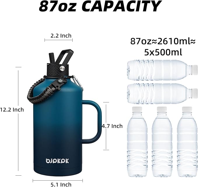 BJPKPK 2/3 Gallon Water Bottle Insulated with Straw Lid, 87oz Large, Stainless Steel Water Bottles with 3 Lids and Paracord Strap, Double Wall Vacuum Metal Water Jug,Vast