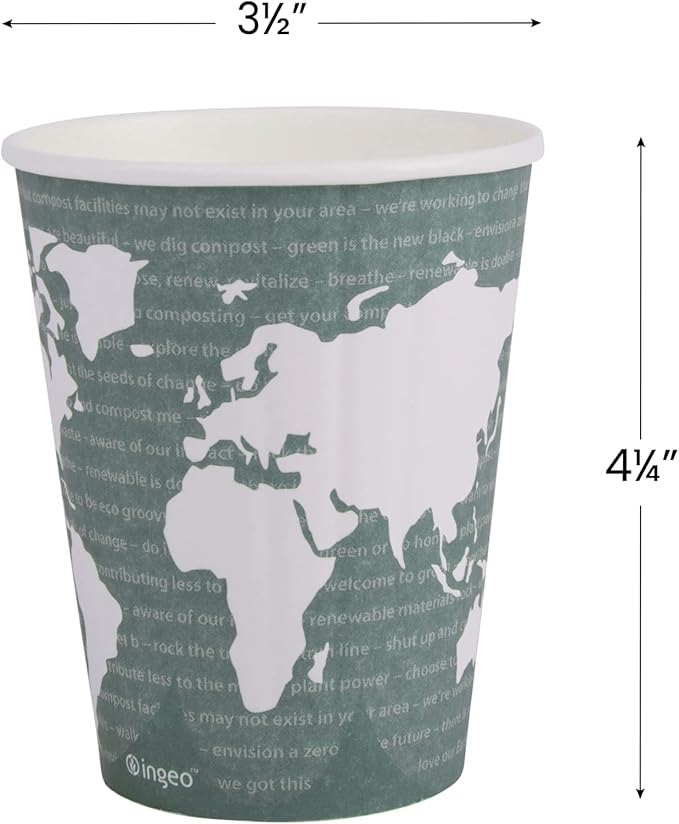 ECO PRODUCTS Compostable Disposable Insulated World Art 12oz Coffee Cups, Case of 600, Renewable Double-wall Hot Paper Cup, Plant Based PLA Lining, No Sleeves Needed, Color Coded
