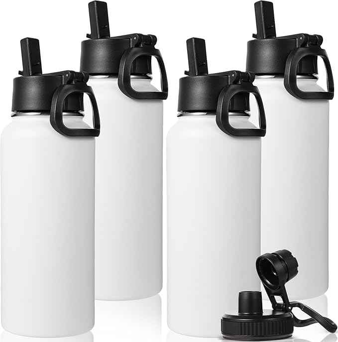 Neihepal 32 oz Insulated Water Bottles Bulk with 2 Lids (Straw & Spout Lid), Stainless Steel Double Wall Water Bottle, Keeps Cold 24H & Hot 12H (White,4 Pack)