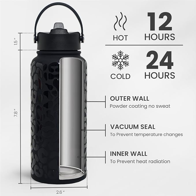 Leopard Water Bottle 32oz Stainless Steel Double Wall Vacuum Insulated with Lid, Leopard Print Water Bottles for Gym Sports Travel Outdoor, Gifts for Women Girls Ladies Birthday Christmas