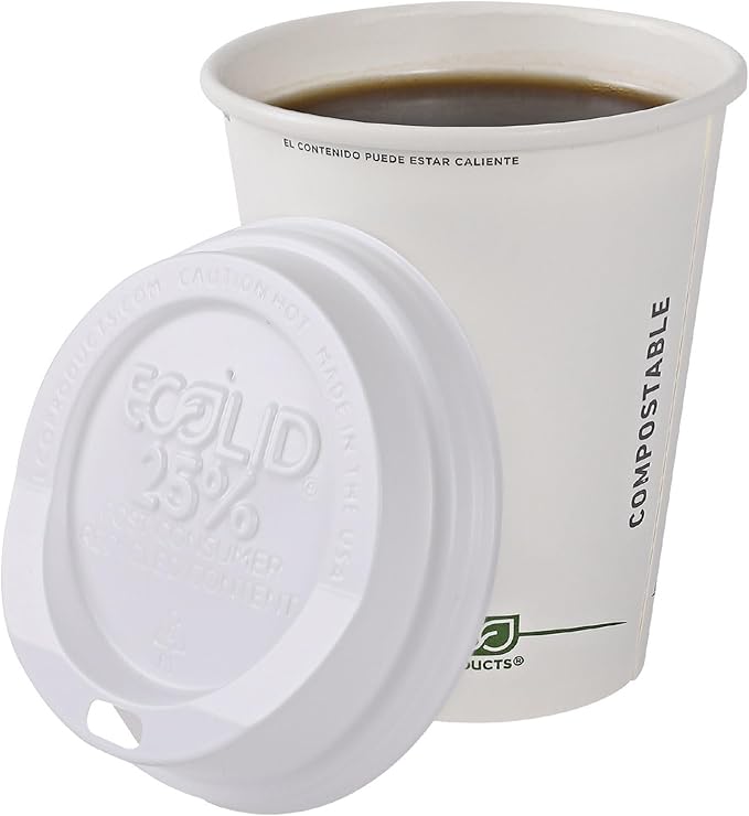 Eco-Products Ecolid Recycled Small Coffee Cup Lids, Case of 1000, White, Fits 8oz Hot Cups, Made from 25% Post-Consumer Recycled Plastic Polystyrene, Made in the U.S.A.