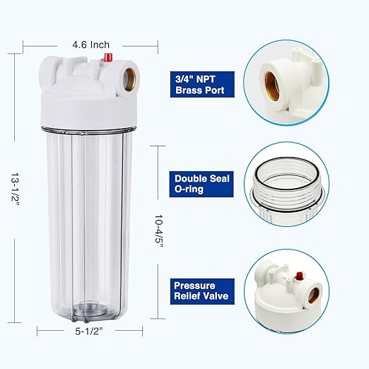Whole House Water Filter Housing Clear,10" X 2.5" Inline Sediment Water Filter for RV, Home, Aquarium, Maple Syrup RO System, with PP Filter, 3/4 NPT Brass Port, Steel Bracket - 1025TBP