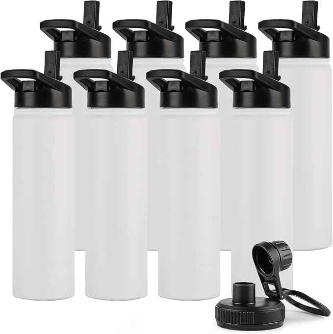 DOMICARE Insulated Water Bottle, 22 oz Vacuum Insulated Stainless Steel Reusable Sports Bottle with Straw Lid & Spout Lid for Travel, Camping, Bike, Leakproof, White, 8 Pack