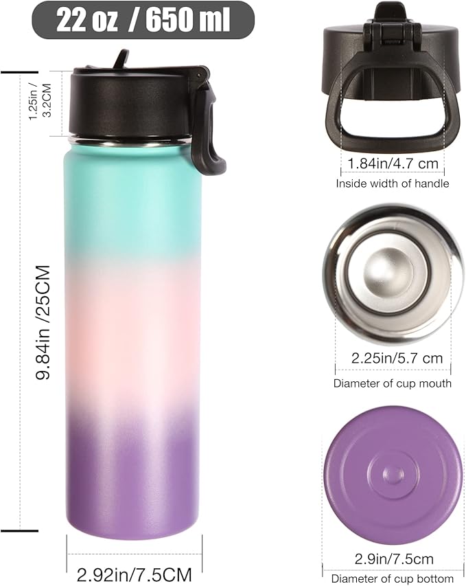 Volhoply 22 oz Insulated Water Bottles with Straw Lid, Stainless Steel Sports Bottle with Handle, Double Walled Vacuum Metal Travel Water Cups, Reusable Water Flask for School(Gradient Color,1 Set)