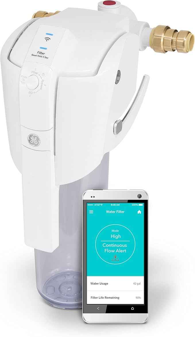 GE Smart Whole House Leak Detection Water Filtration System | Reduces Sediment, Rust & More | Install Kit Included | Filter Not Included | Replace Filter (FTHPM, FTHTM, FTHLM) Every 3 Months | GXWH70M